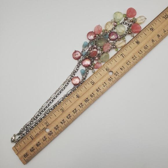 925 Sterling Silver Double Strand Dangling Pearl, Pink & Green Quartz Necklace - Picture 6 of 6